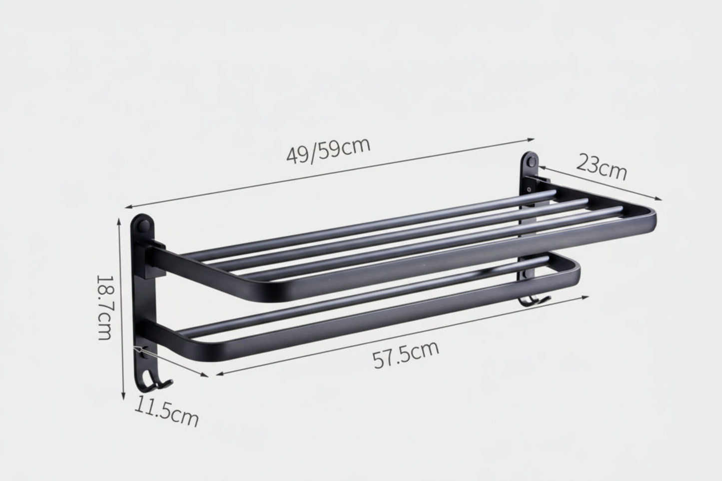Black towel rack with dimensions on a white background. Modern black accessories, minimalist designs and timeless pieces for every bathroom.