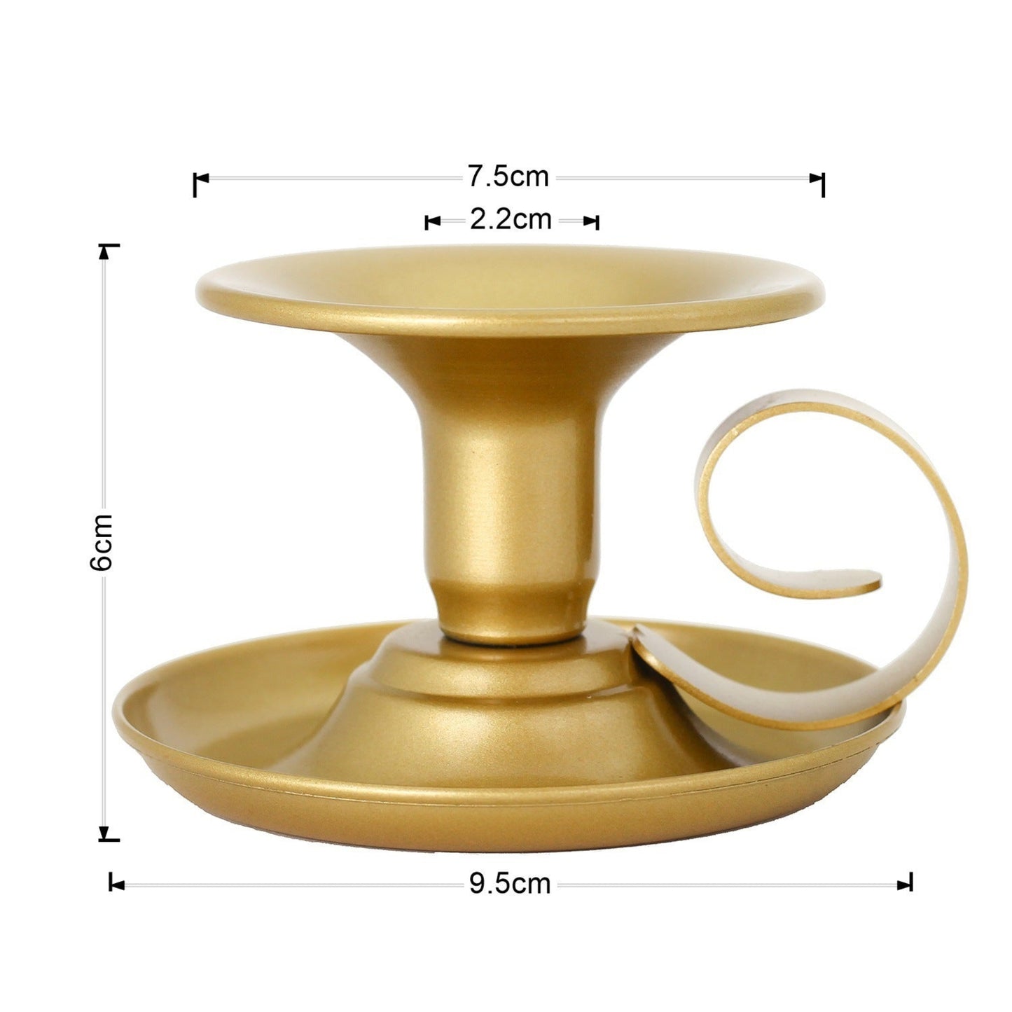 Gold candle holder with dimensions on a white background. Minimalist design. Elegant, modern and antique.