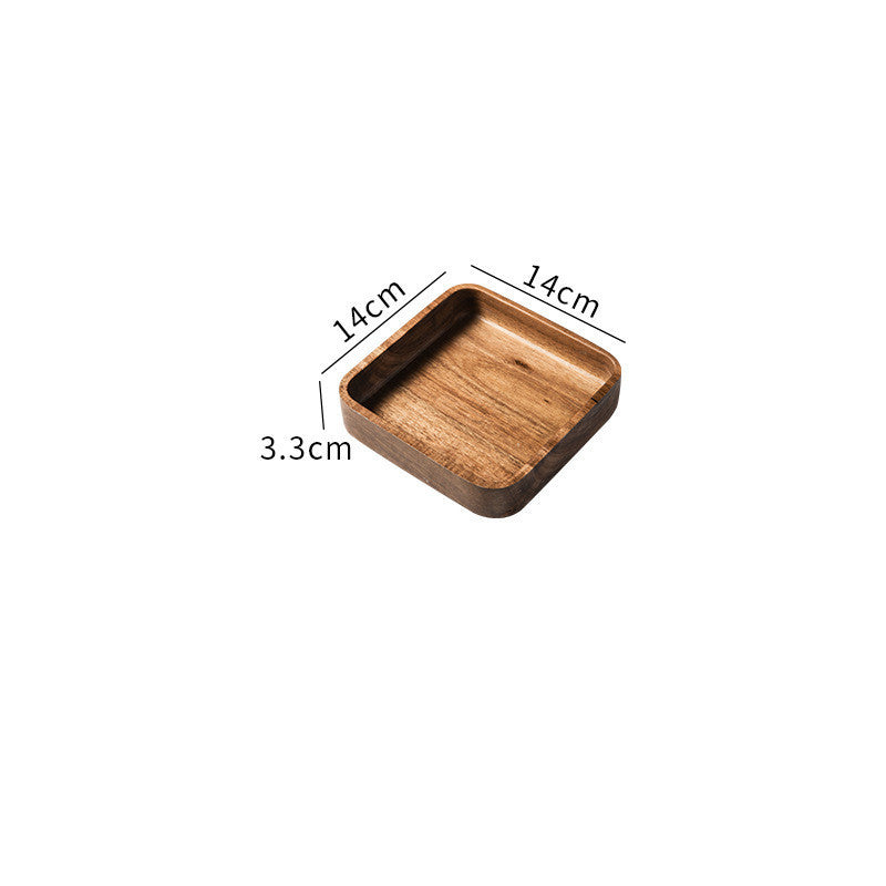Small wooden tray on a white background with measurements. Hand-painted and eco-friendly. Japanese minimalist and natural style. 14x14cm