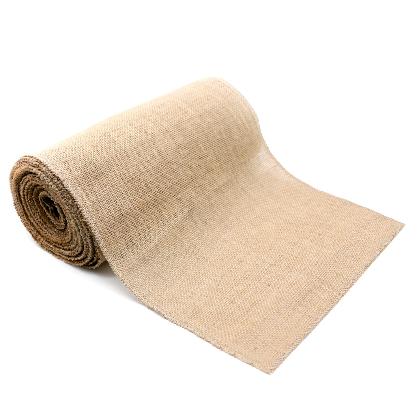A rolled out beige jute table runner on a white background. Natural decor styling for calm and earthy design.