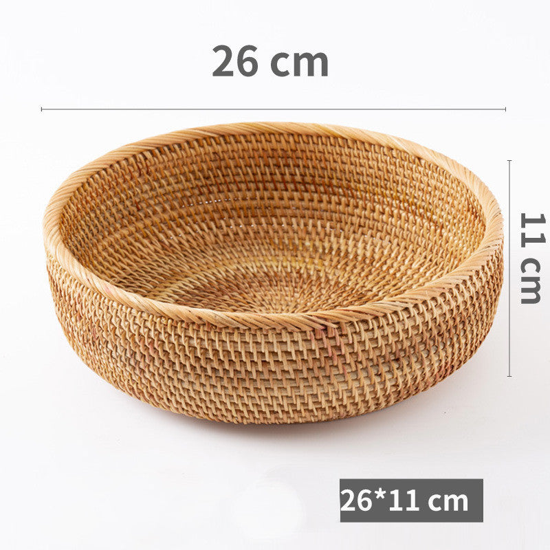 A large handmade rattan woven storage baskets with measurements on a white background. Earthy and natural kitchen and living room decor.