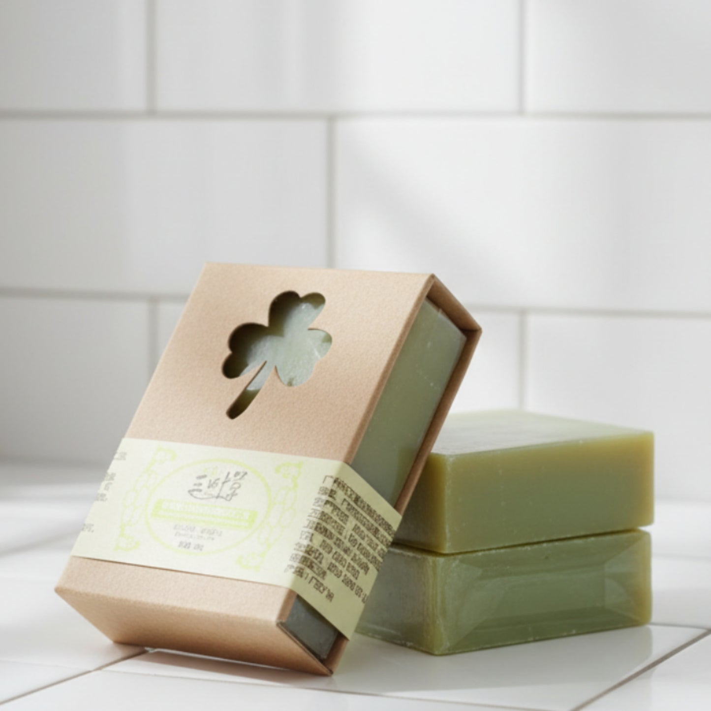 Green soap bar with a brown box featuring a on white bathroom background. Organic handmade matcha green tea soap.