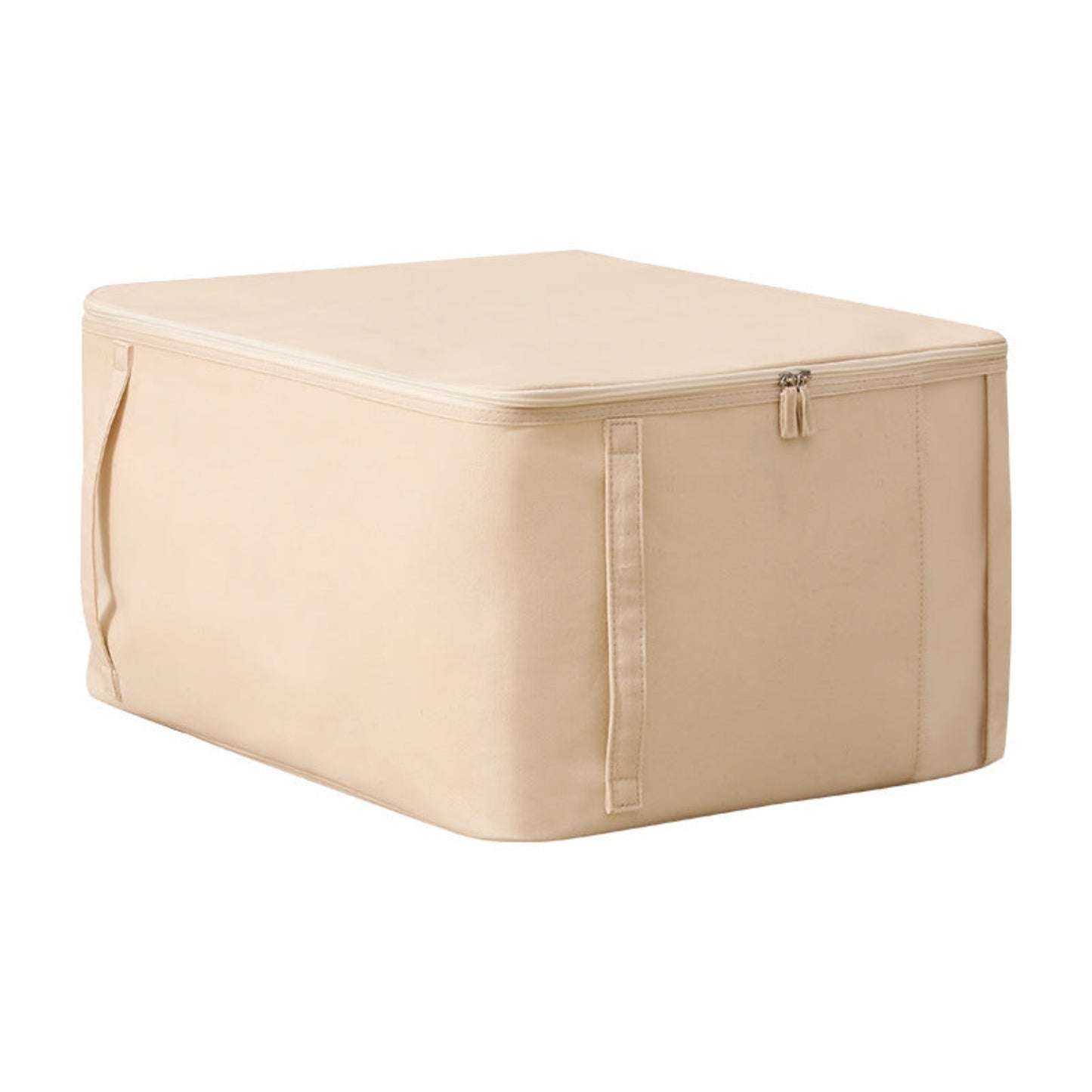 Beige storage box with a zipper on a white background. Earthy, beige and natural home decor and storage possibility.