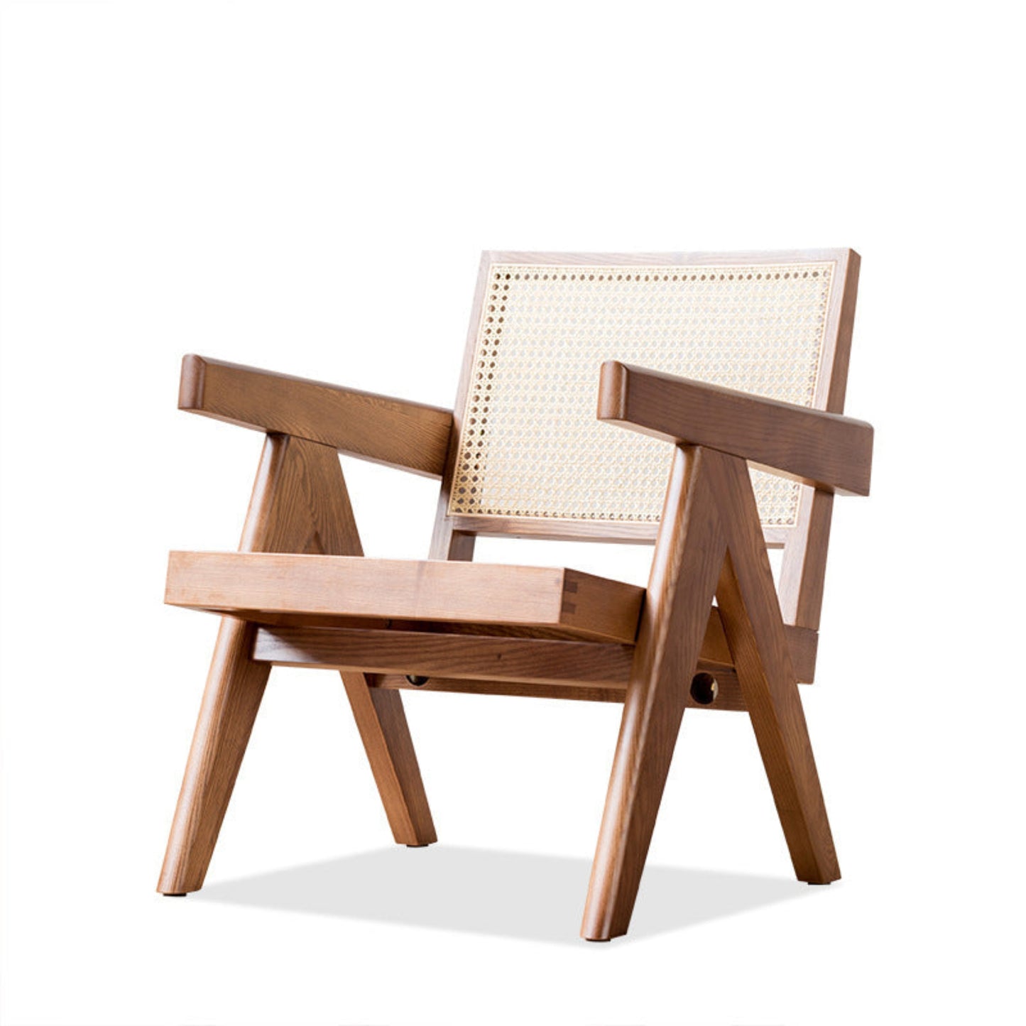 Deep wooden chair with wicker backrest on a white background. Minimalist furniture design. Modern chair interior with clean lines, natural materials and a timeless pieces that brings warmth.