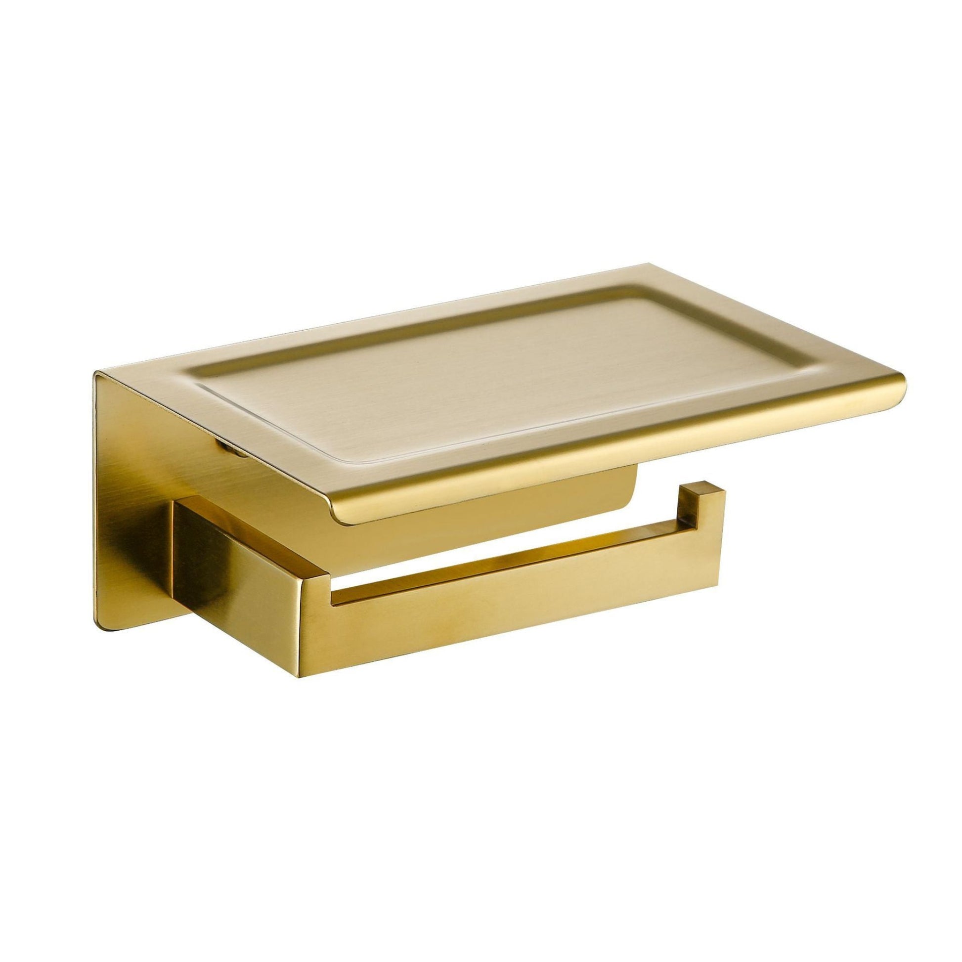 Gold toilet paper holder on a white background. Stylish golden bathroom rack with space to place a smartphone. Modern bathroom rack, minimalist and timeless pieces for bathroom. 