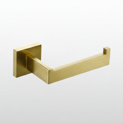 Gold toilet paper holder on a white background. Stylish golden bathroom rack. Modern bathroom rack, minimalist and timeless pieces for bathroom.  