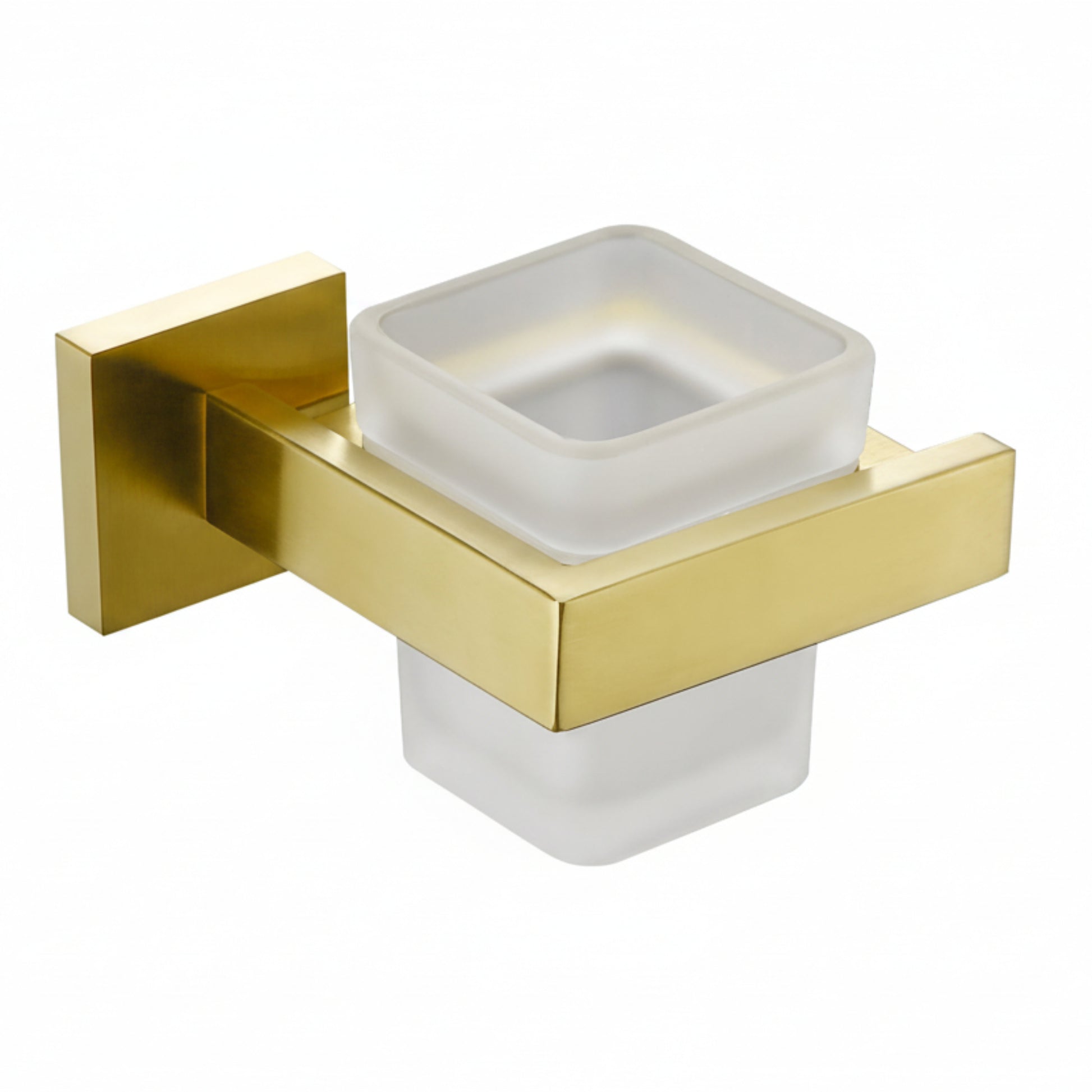Gold wall-mounted toothbrush tray on a white background. Stylish golden bathroom rack. Modern bathroom rack, minimalist and timeless pieces for bathroom. 