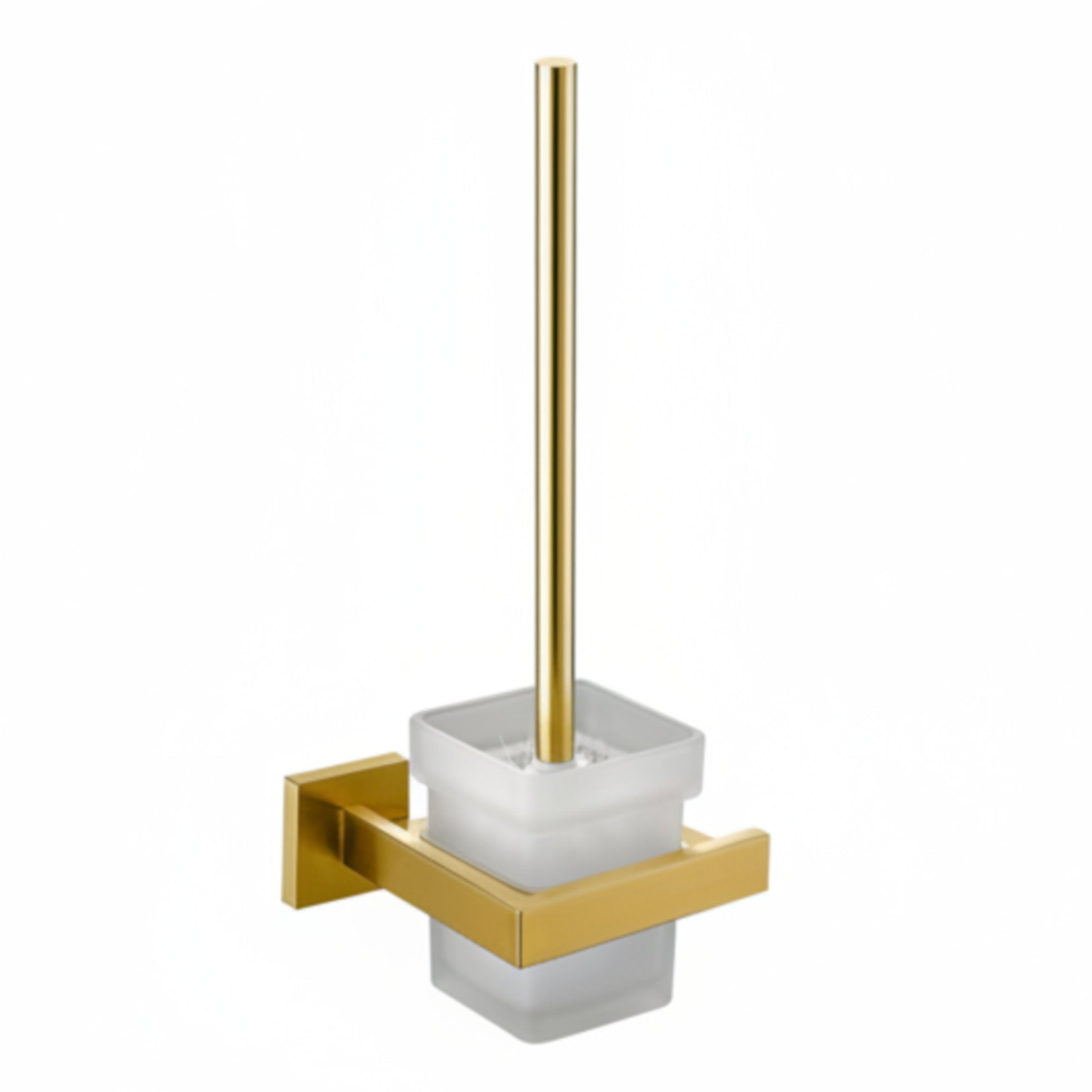 Gold toilet brush holder with a white glass on a white background. Stylish golden bathroom rack. Modern bathroom rack, minimalist and timeless pieces for bathroom. 