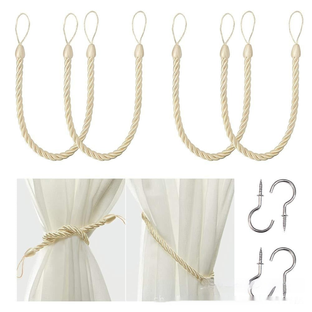 A collection of hand-woven curtain bandage ropes in one colors displayed on a curtain and on a white background. How to install the curtain bandage rope as well. Scandinavian decor inspired by simplicity and warm tones. Perfect for creating calm, minimalist interiors. Earthy tones for curtains. 