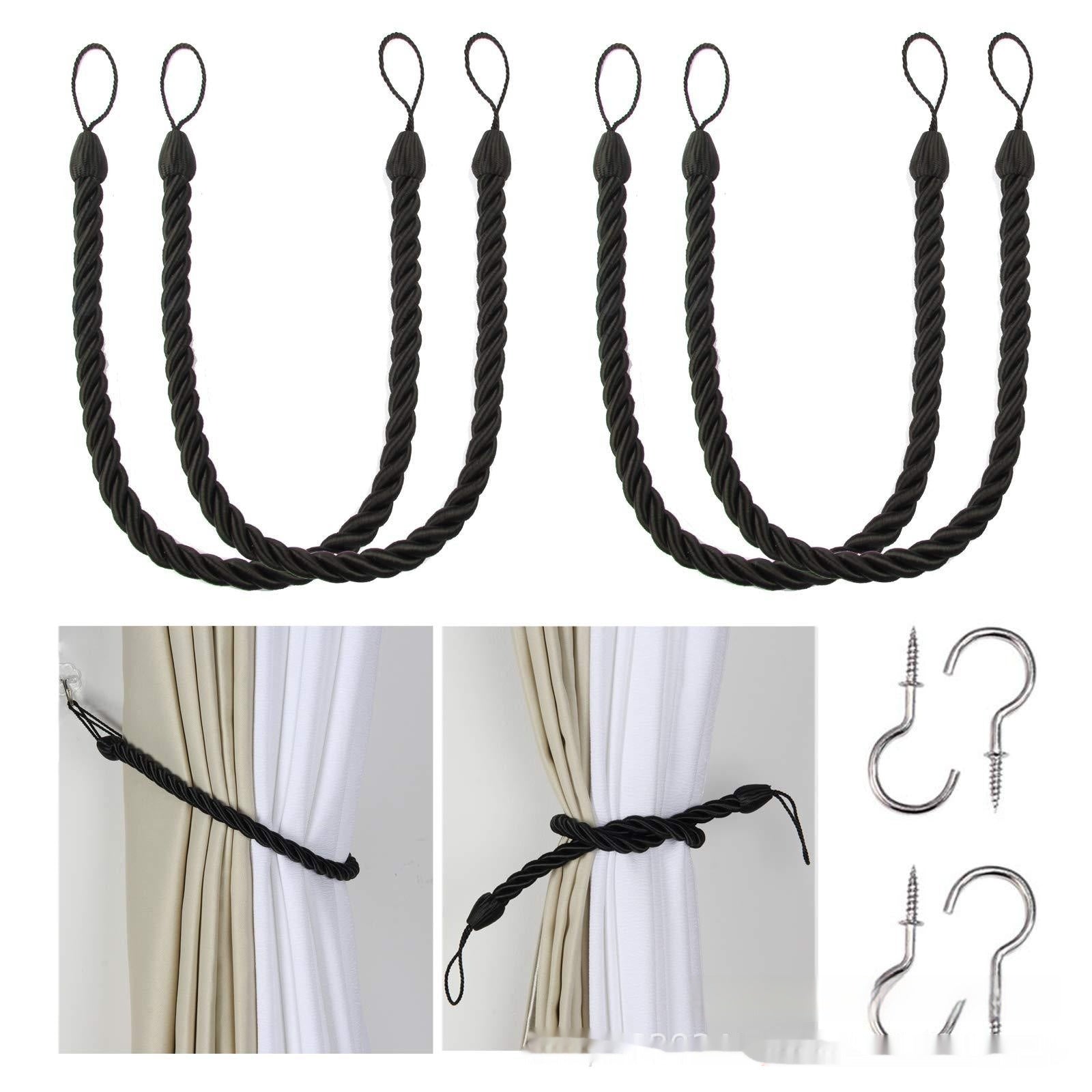 A collection of hand-woven curtain bandage ropes in black colors displayed on a curtain and on a white background. How to install the curtain bandage rope as well. 