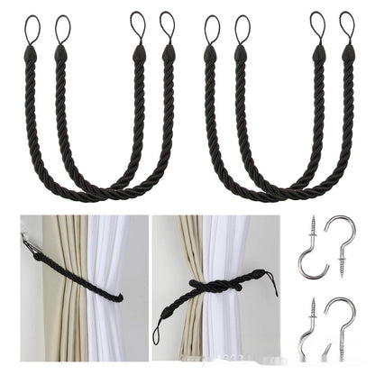A collection of hand-woven curtain bandage ropes in black colors displayed on a curtain and on a white background. How to install the curtain bandage rope as well. 