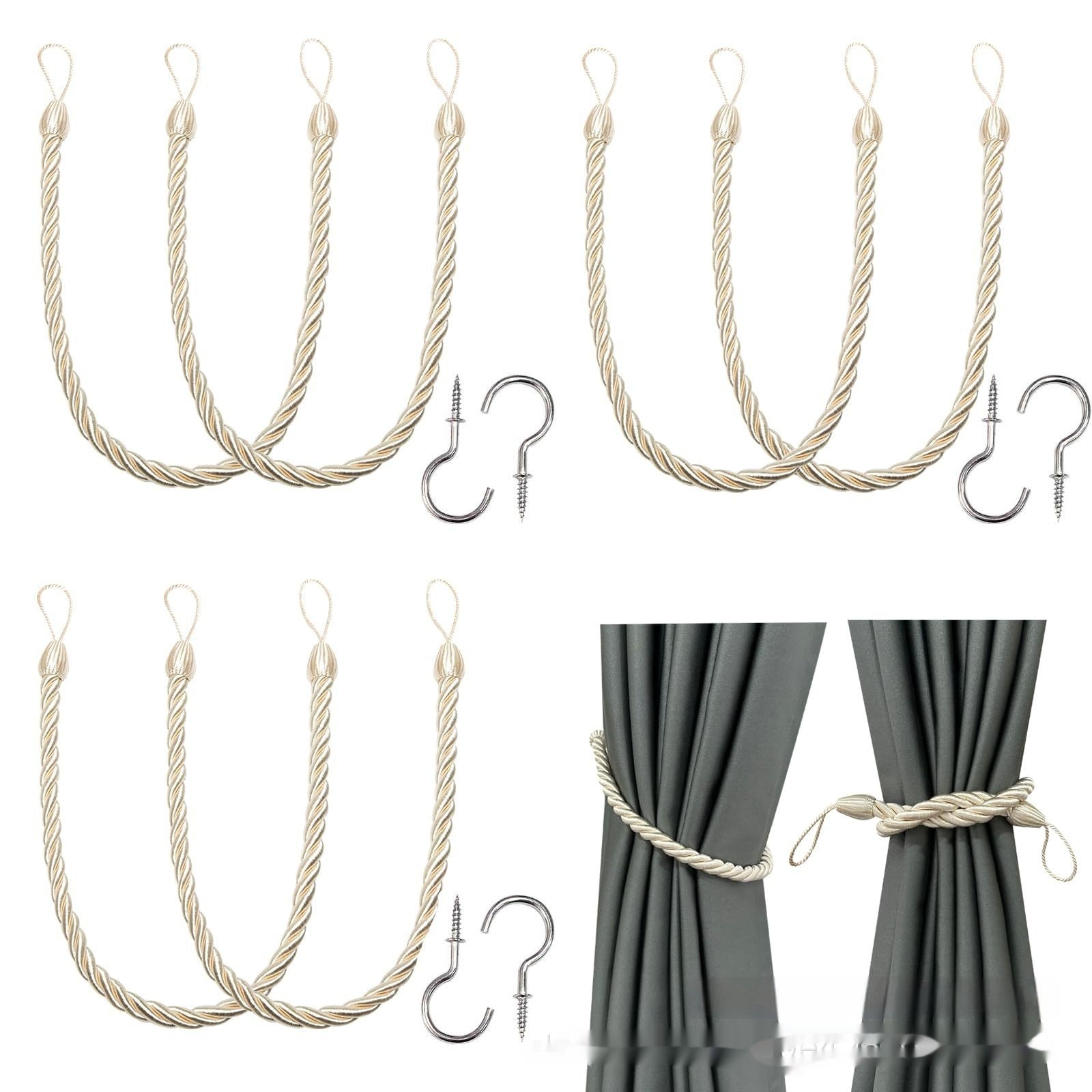 A collection of hand-woven curtain bandage ropes in one colors displayed on a curtain and on a white background. How to install the curtain bandage rope as well. A collection of hand-woven curtain bandage ropes in various colors displayed on a curtain, with options shown in different color variations.