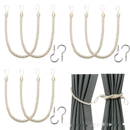 A collection of hand-woven curtain bandage ropes in one colors displayed on a curtain and on a white background. How to install the curtain bandage rope as well. A collection of hand-woven curtain bandage ropes in various colors displayed on a curtain, with options shown in different color variations.