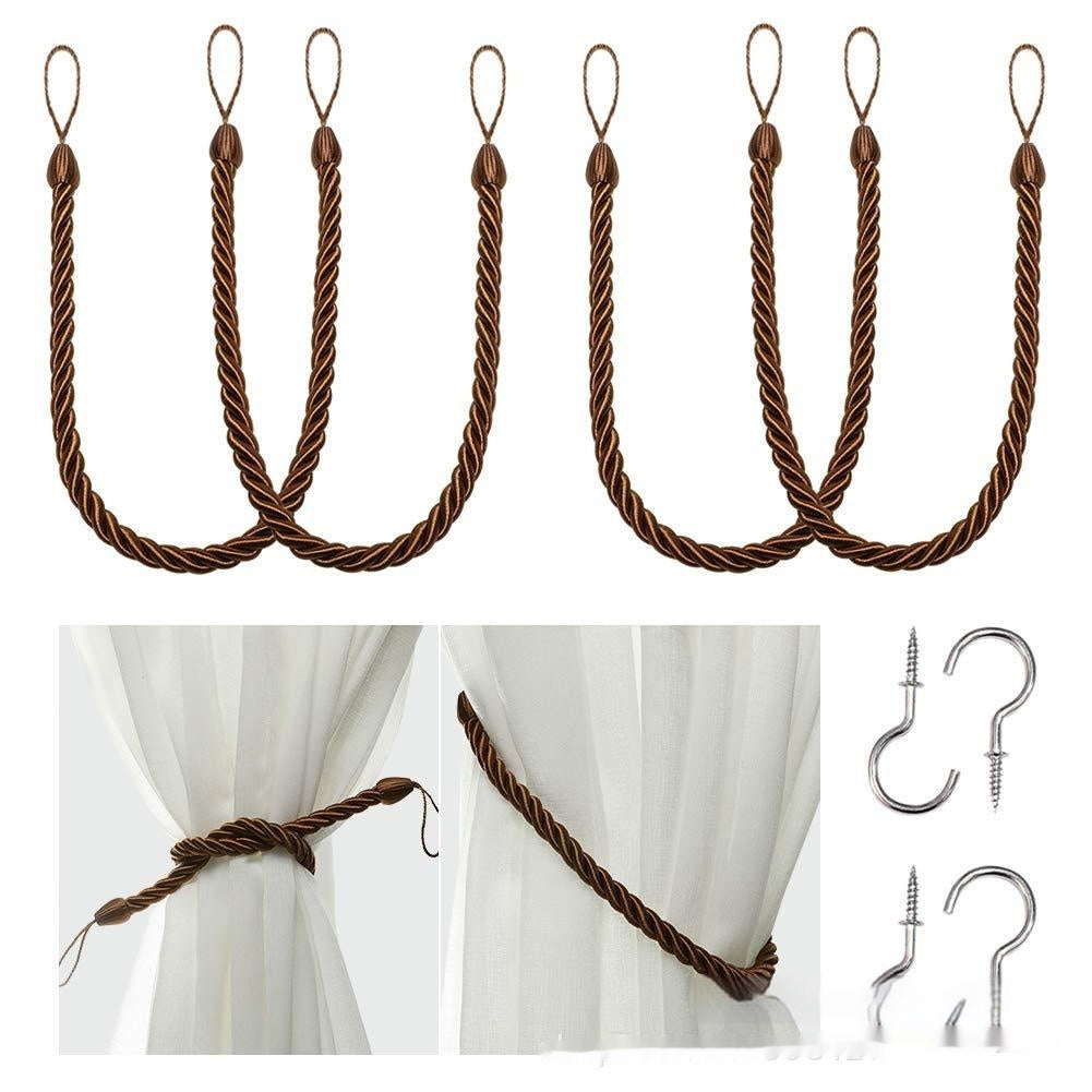 A collection of hand-woven curtain bandage ropes in bronce color displayed on a curtain and on a white background. How to install the curtain bandage rope as well.
