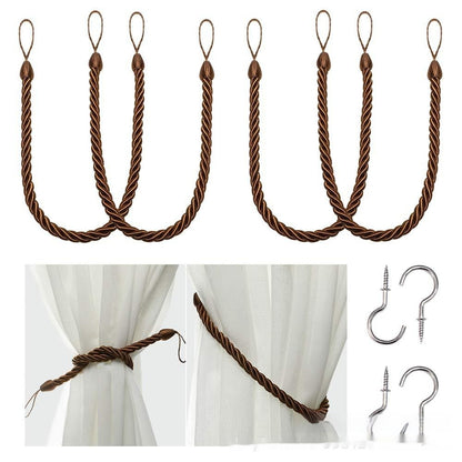 A collection of hand-woven curtain bandage ropes in bronce color displayed on a curtain and on a white background. How to install the curtain bandage rope as well.