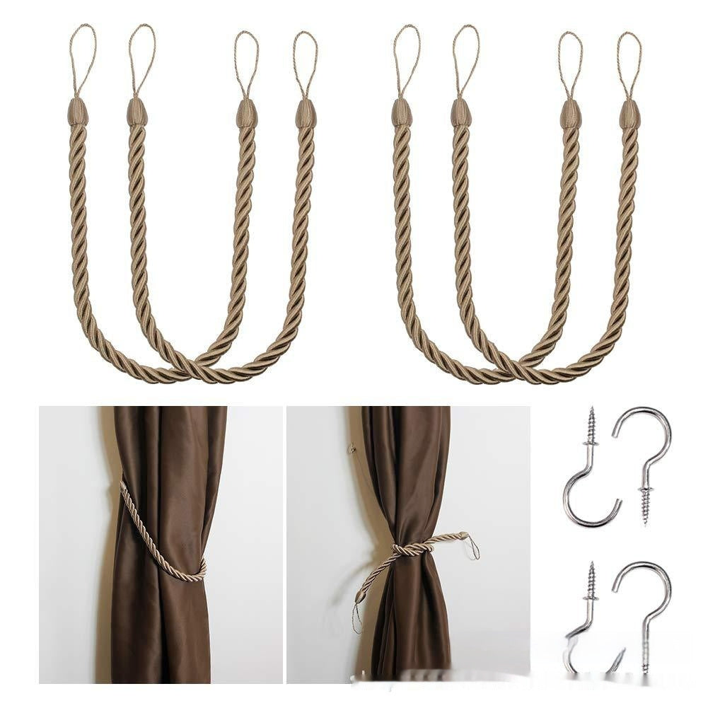A collection of hand-woven curtain bandage ropes in brown colors displayed on a curtain and on a white background. How to install the curtain bandage rope as well. 