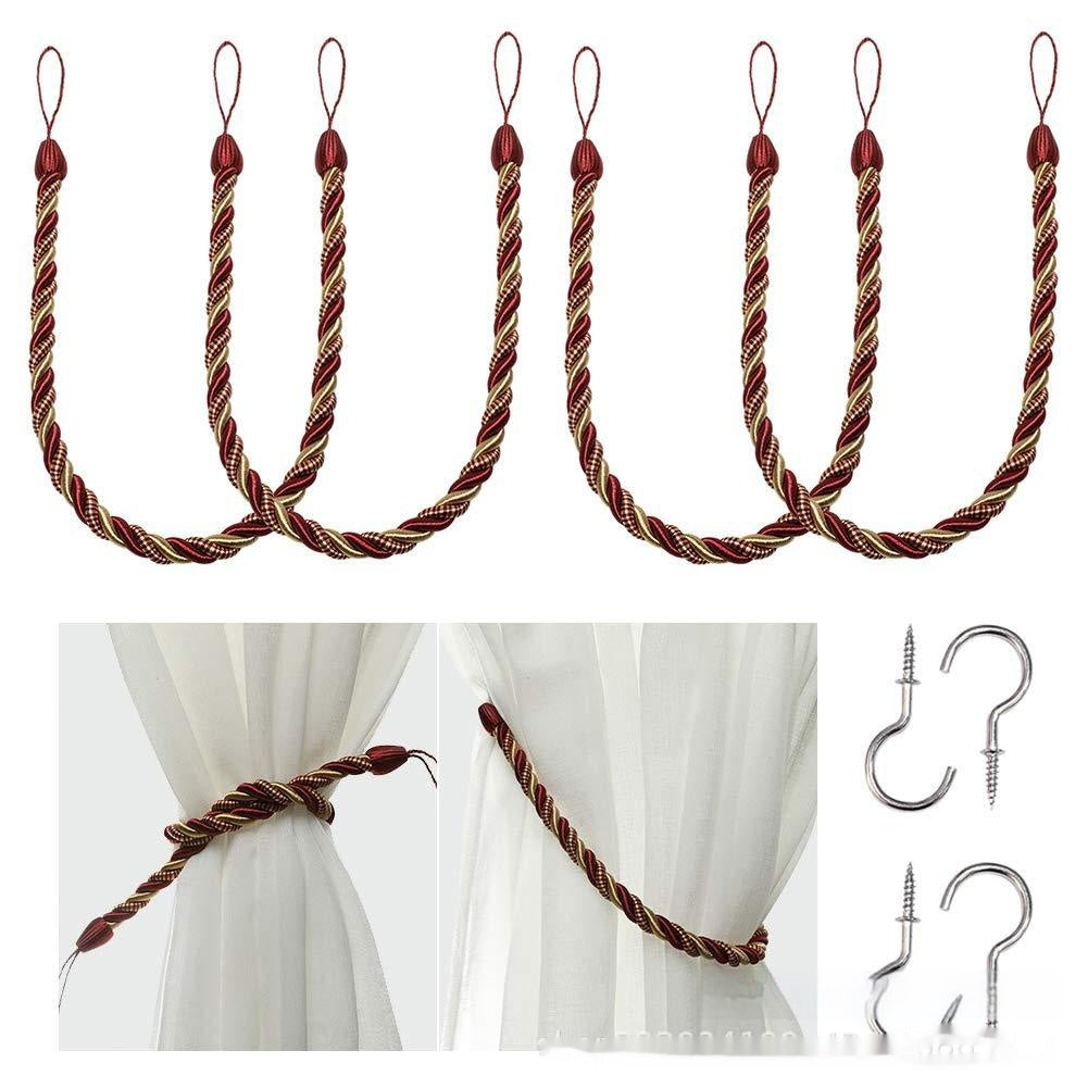 A collection of hand-woven curtain bandage ropes with different colors displayed on a curtain and on a white background. How to install the curtain bandage rope as well. 