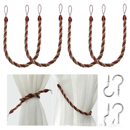 A collection of hand-woven curtain bandage ropes with different colors displayed on a curtain and on a white background. How to install the curtain bandage rope as well. 
