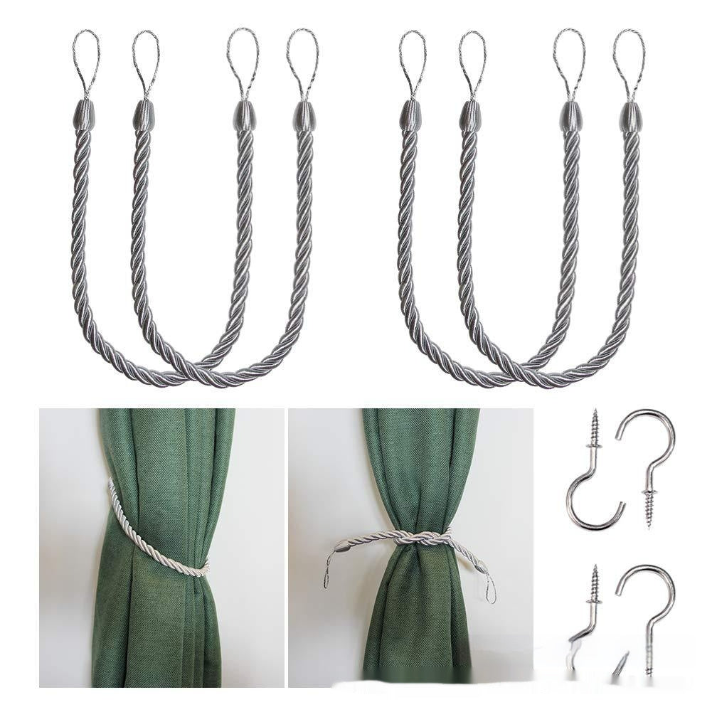 A collection of hand-woven curtain bandage ropes in one colors displayed on a curtain and on a white background. How to install the curtain bandage rope as well. 