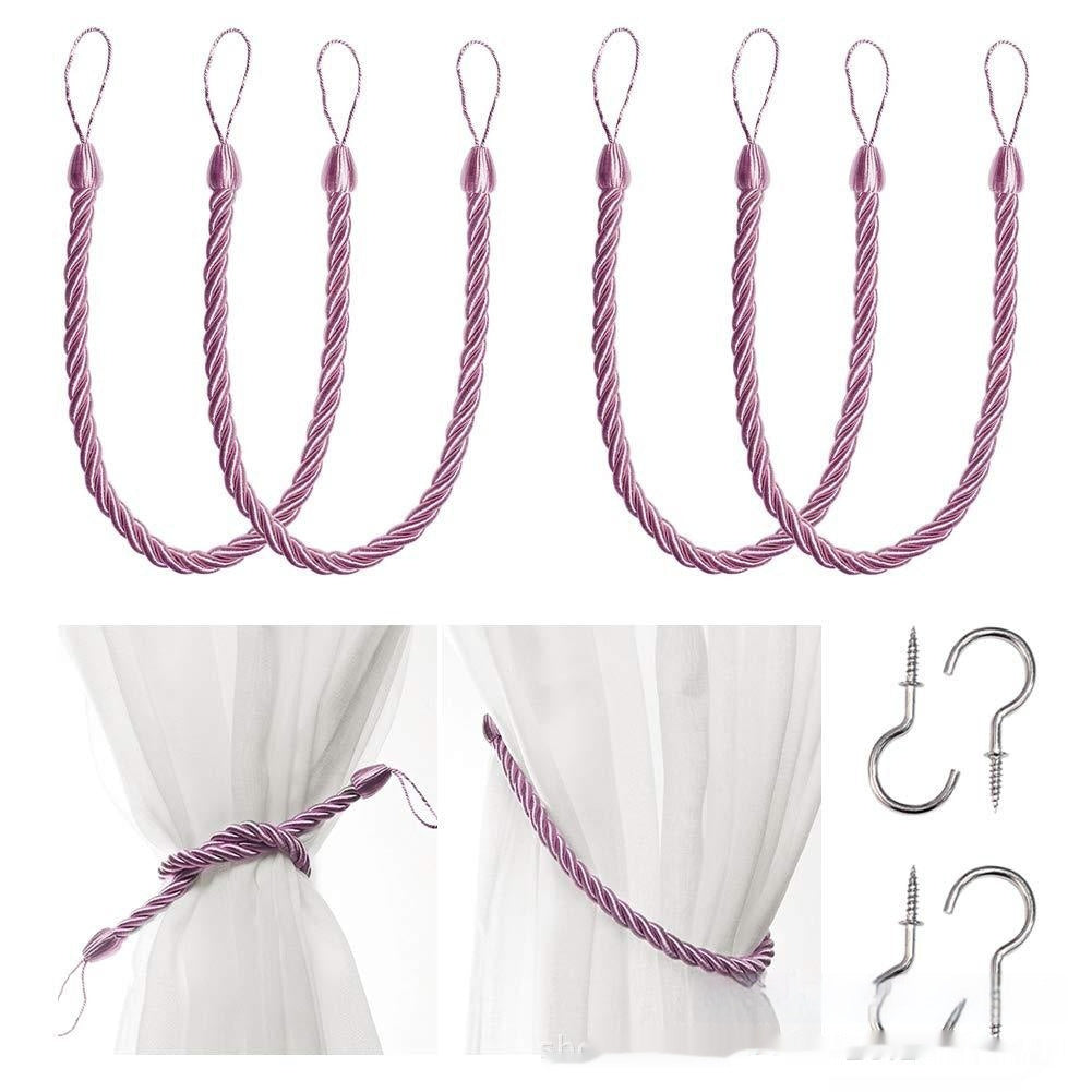A collection of hand-woven curtain bandage ropes in one colors displayed on a curtain and on a white background. How to install the curtain bandage rope as well. 