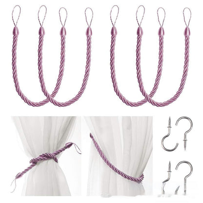 A collection of hand-woven curtain bandage ropes in one colors displayed on a curtain and on a white background. How to install the curtain bandage rope as well. 