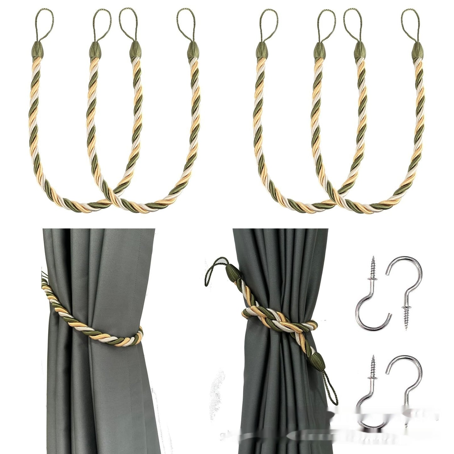 A collection of hand-woven curtain bandage ropes with different colors displayed on a curtain and on a white background. How to install the curtain bandage rope as well. .