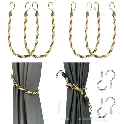 A collection of hand-woven curtain bandage ropes with different colors displayed on a curtain and on a white background. How to install the curtain bandage rope as well. .
