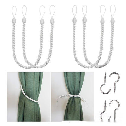 A collection of hand-woven curtain bandage ropes in white color displayed on a curtain and on a white background. How to install the curtain bandage rope as well. 