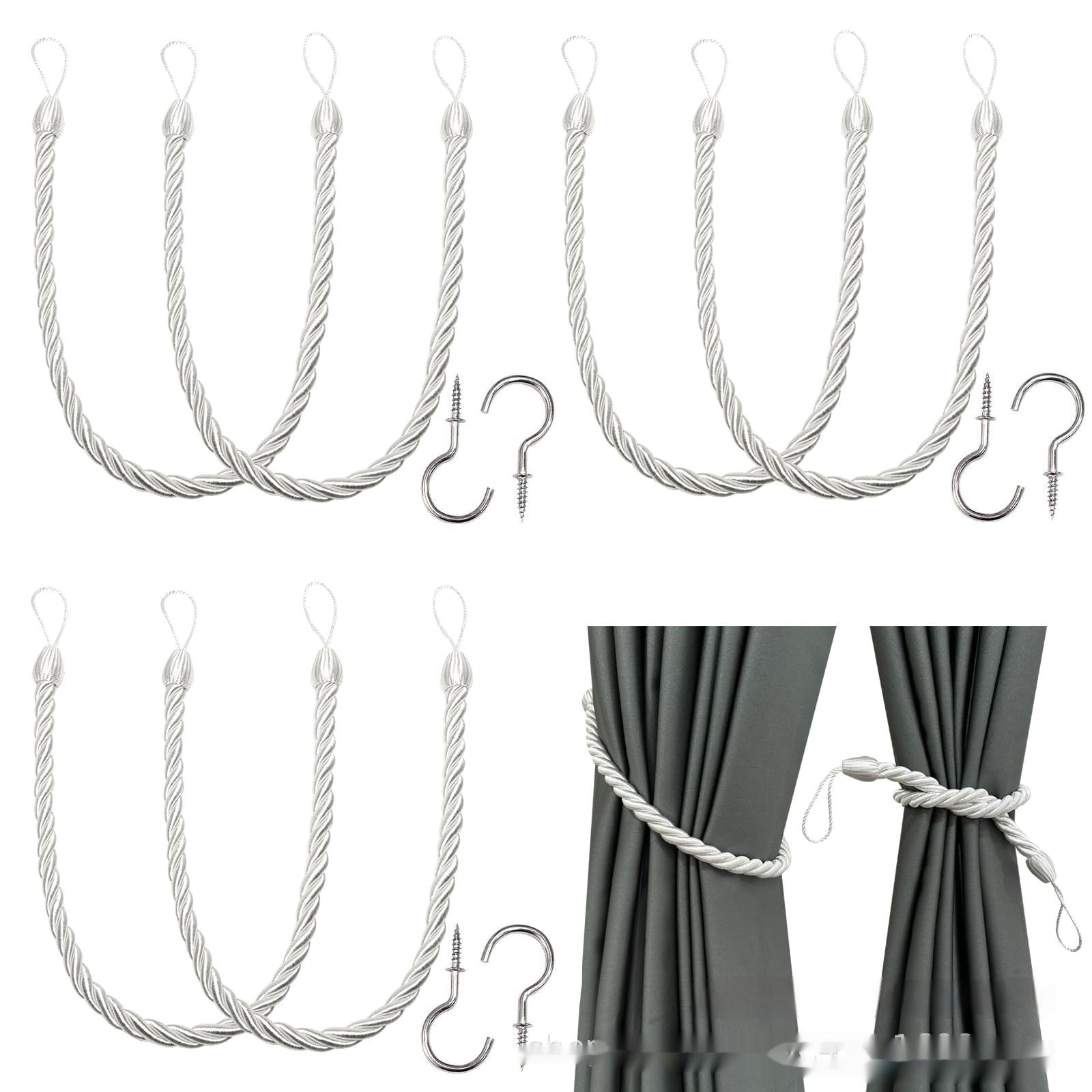 A collection of hand-woven curtain bandage ropes in one colors displayed on a curtain and on a white background. How to install the curtain bandage rope as well. 
