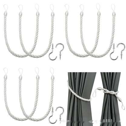 A collection of hand-woven curtain bandage ropes in one colors displayed on a curtain and on a white background. How to install the curtain bandage rope as well. 