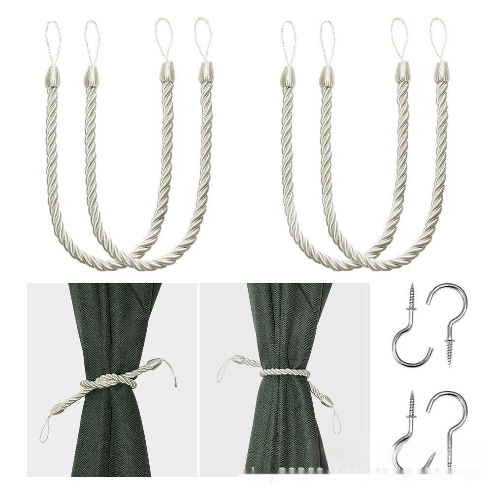 A collection of hand-woven curtain bandage ropes in silber-white colors displayed on a curtain and on a white background. How to install the curtain bandage rope as well. 