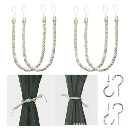 A collection of hand-woven curtain bandage ropes in silber-white colors displayed on a curtain and on a white background. How to install the curtain bandage rope as well. 