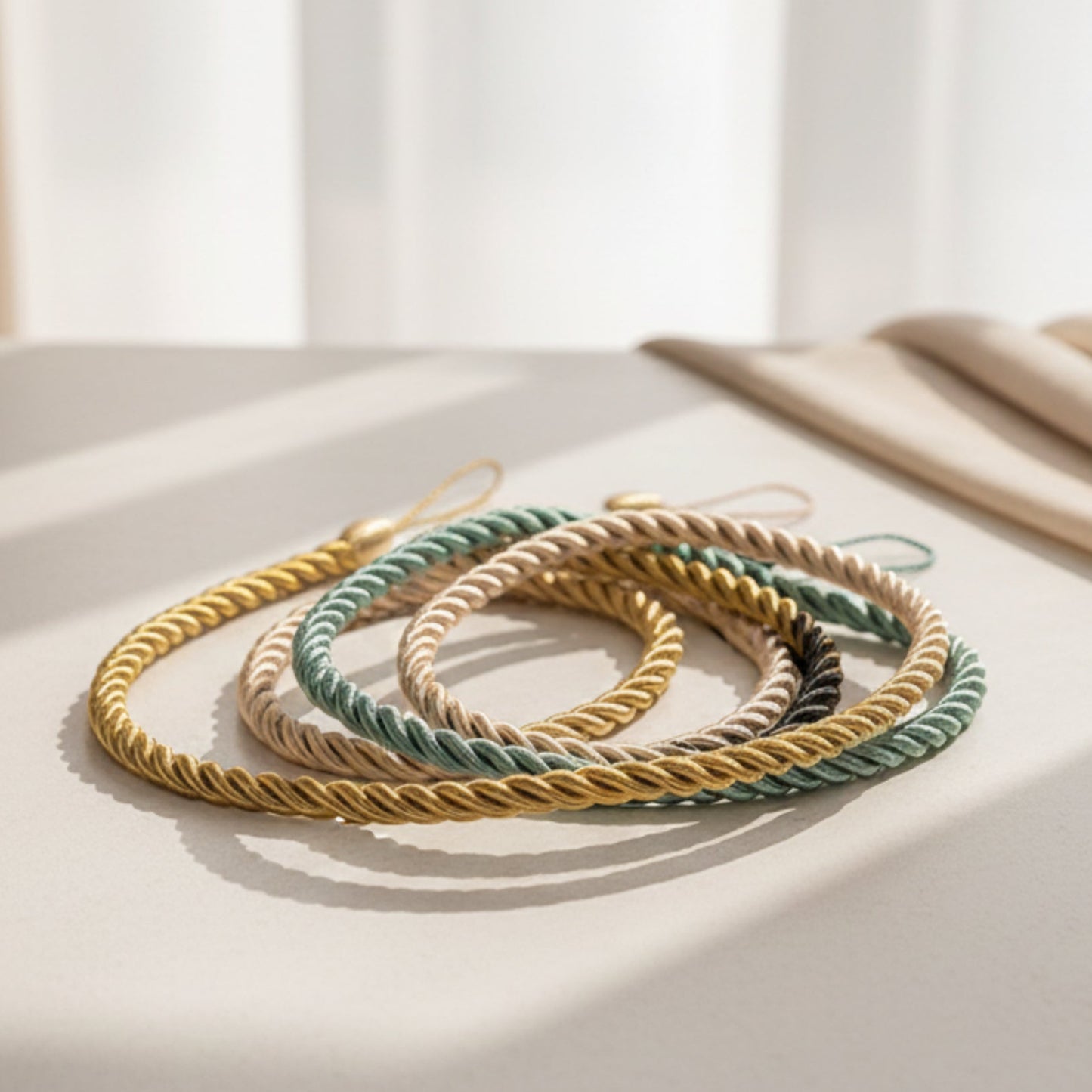 Hand woven curtain bandage rope in different colors on a white surface with a curtain on the table. Scandinavian decor inspired by simplicity and warm tones. Earthy tones for curtains.  Calm and minimalist design. 