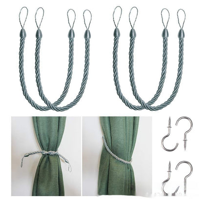 A collection of hand-woven curtain bandage ropes in one colors displayed on a white background. 