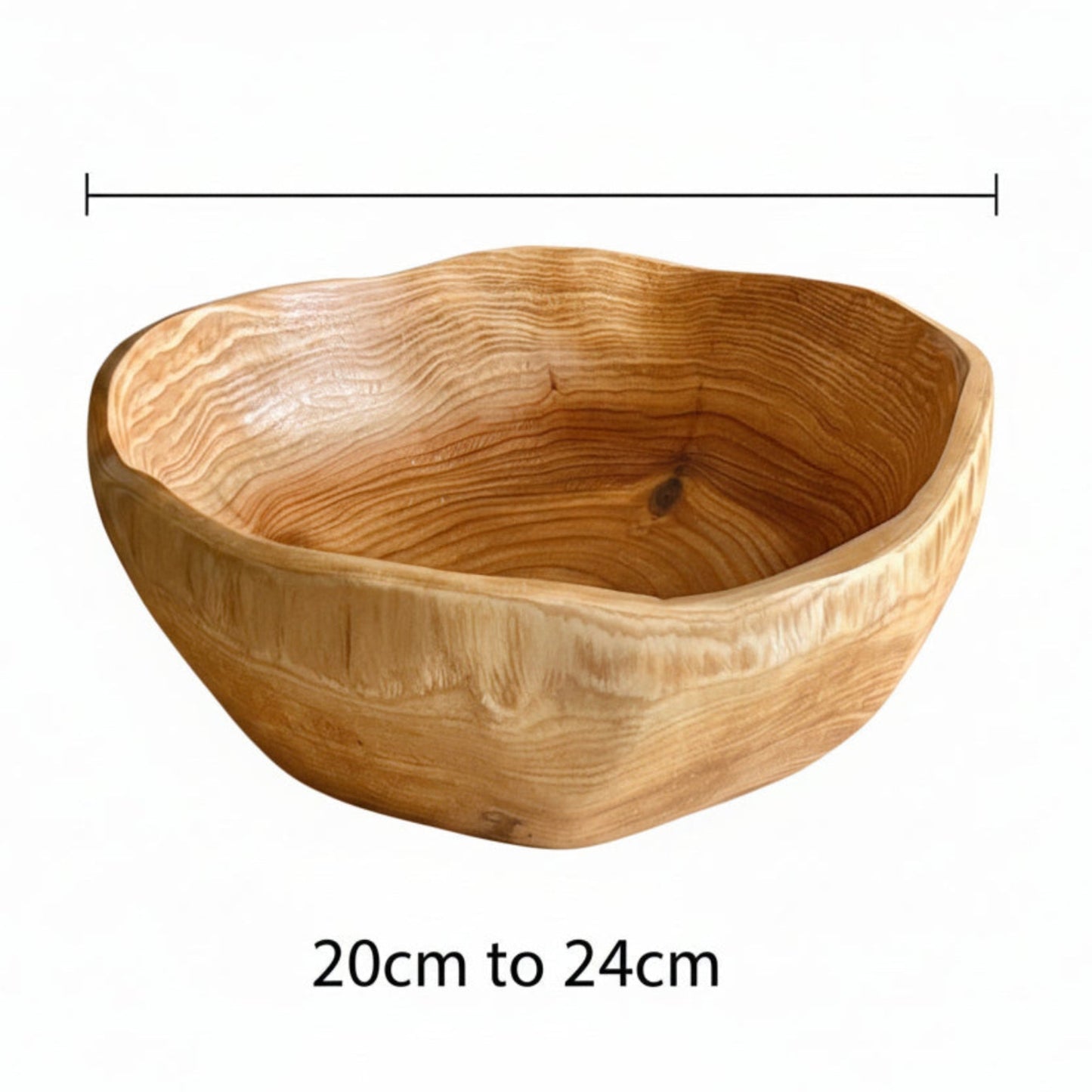 Wooden bowl with dimensions 20cm to 24cm on a white background. Scandinavian earthy natural decor styling. 