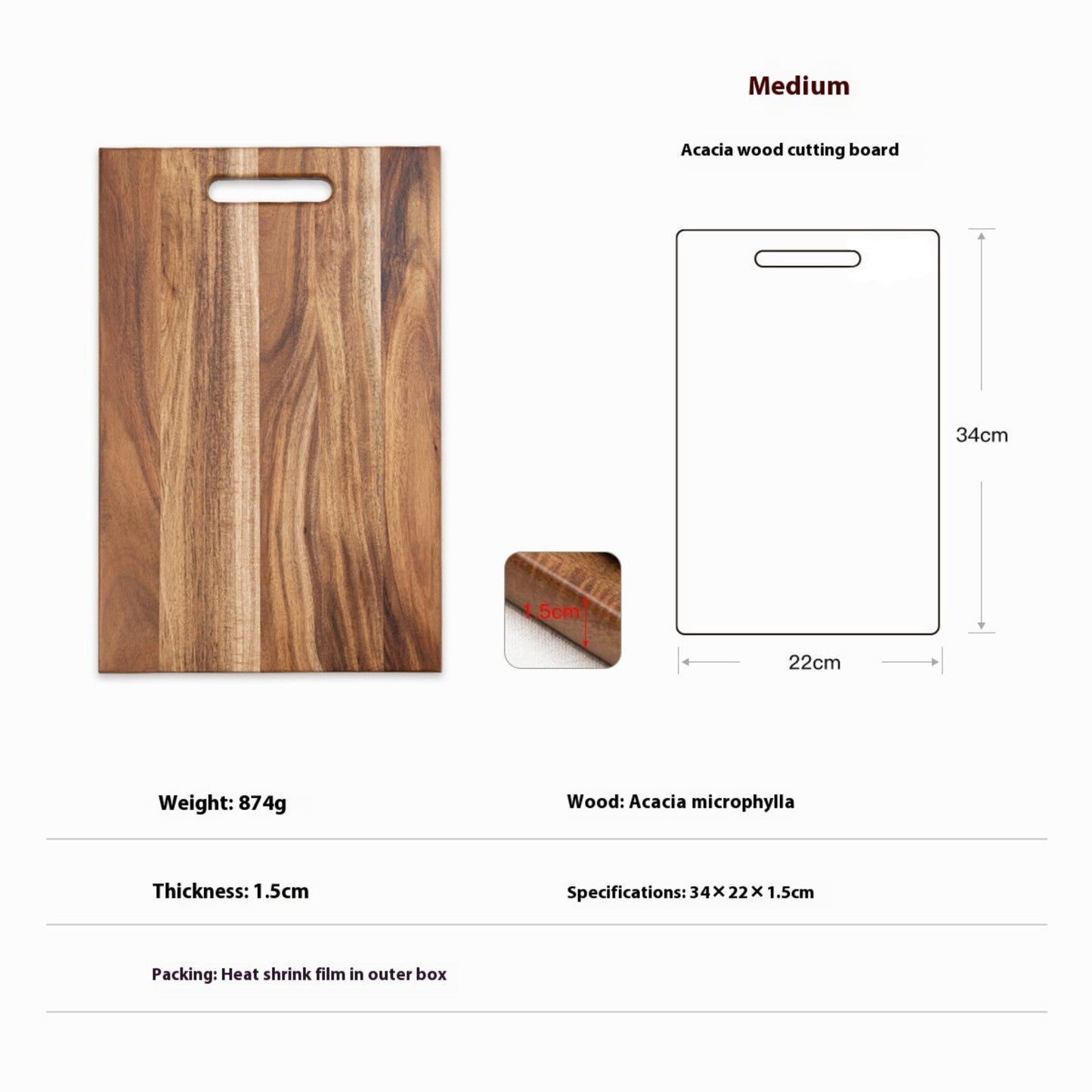 Wooden acacia cutting board with dimensions and specifications on a white background. Earthy and natural material. 