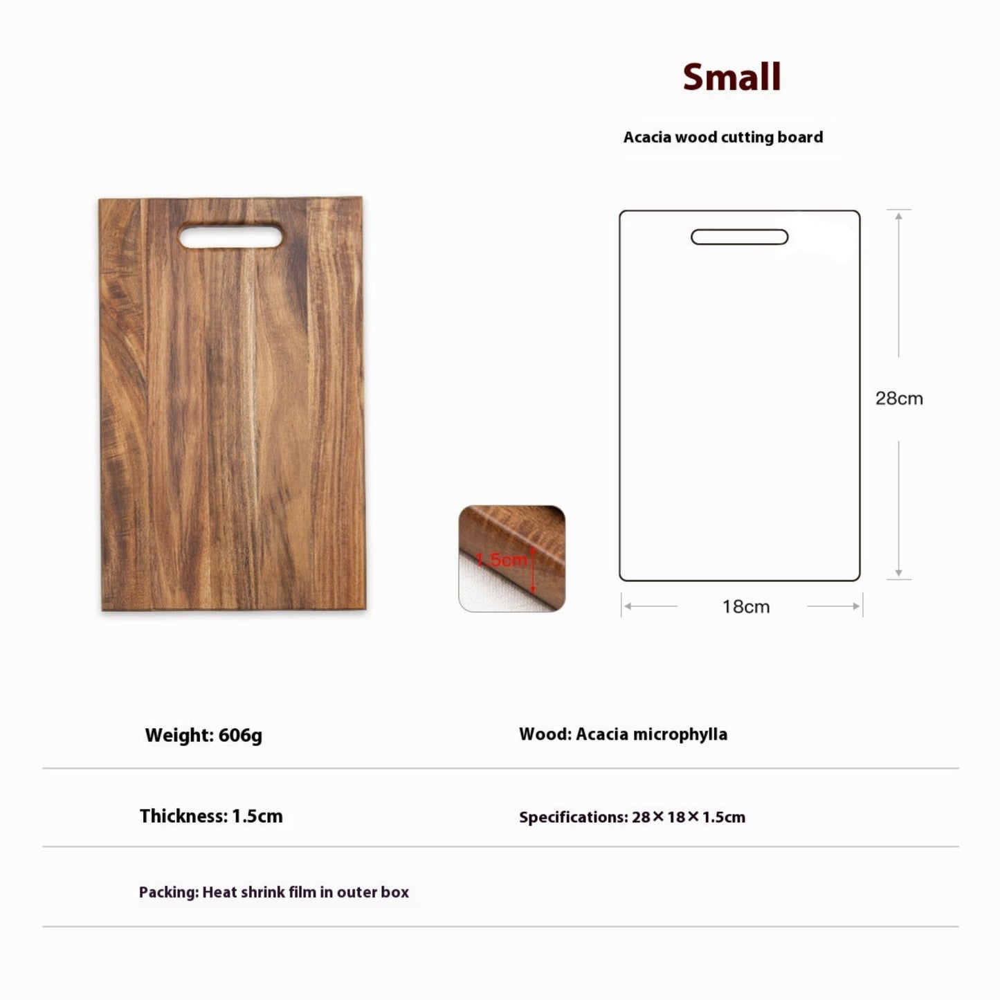 Wooden acacia cutting board with dimensions and specifications on a white background. Earthy and natural material. 