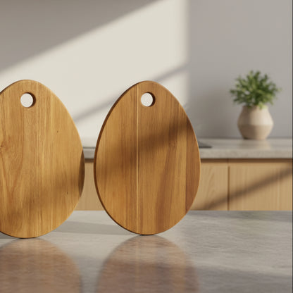 Two wooden cutting boards with handles on a grey kitchen marble. On a white, wooden and grey marble kitchen background. Flower in the background. 
Minimalist and natural Scandinavian style. 