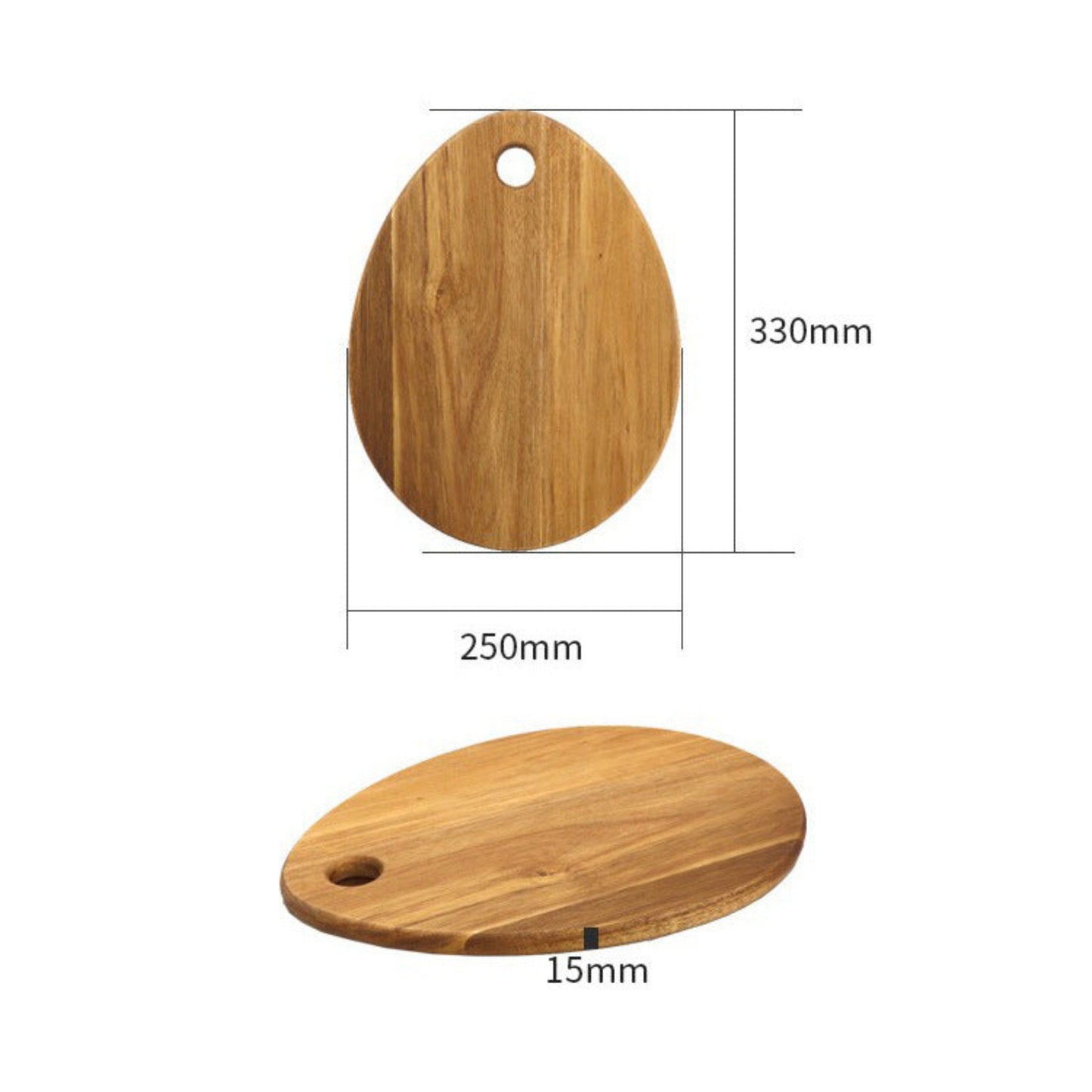 Wooden acacia wood cutting board with dimensions on a white background. Minimalist and natural Scandinavian style. 