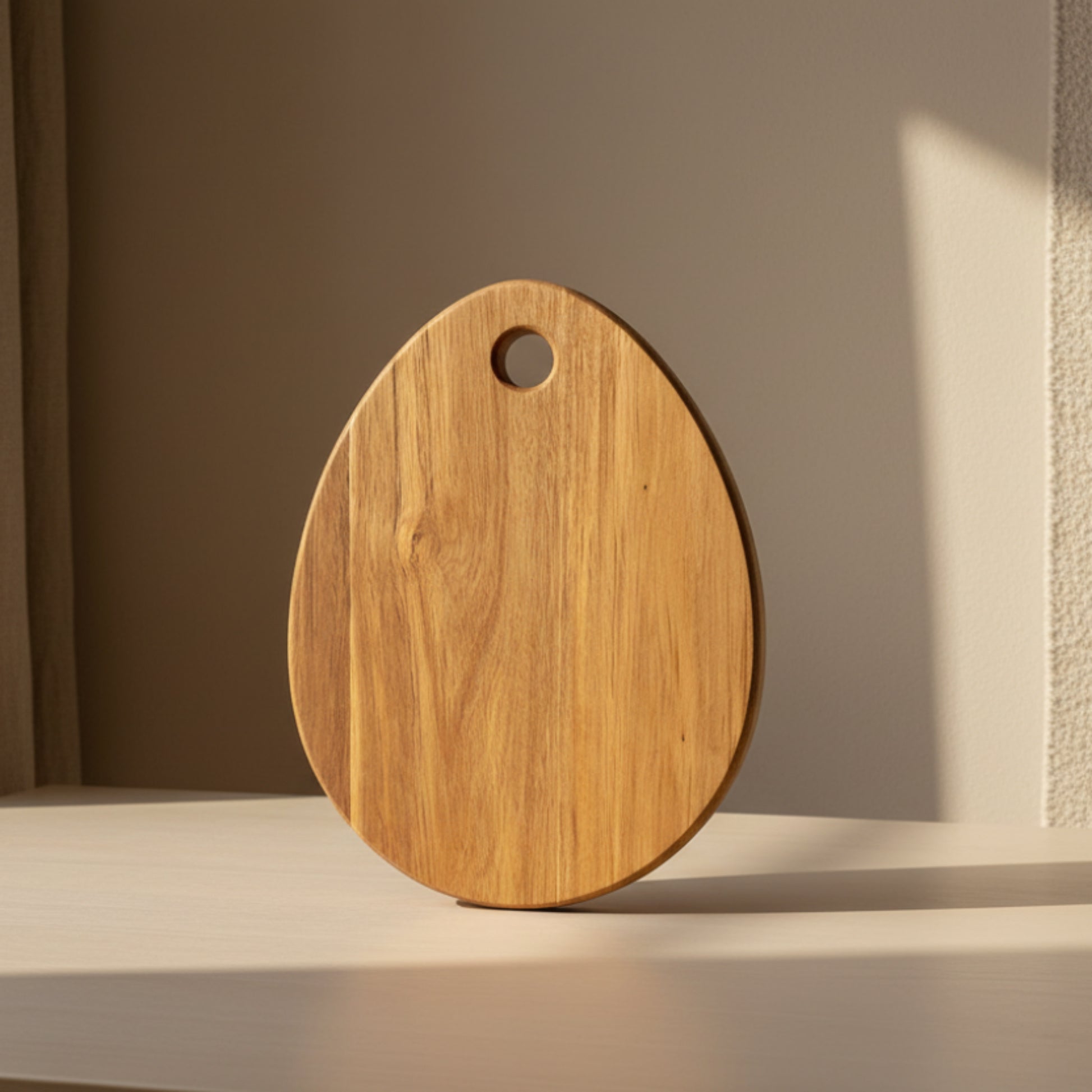 Wooden cutting board with a handle on a beige background and beige surface. Minimalist and natural Scandinavian style. 