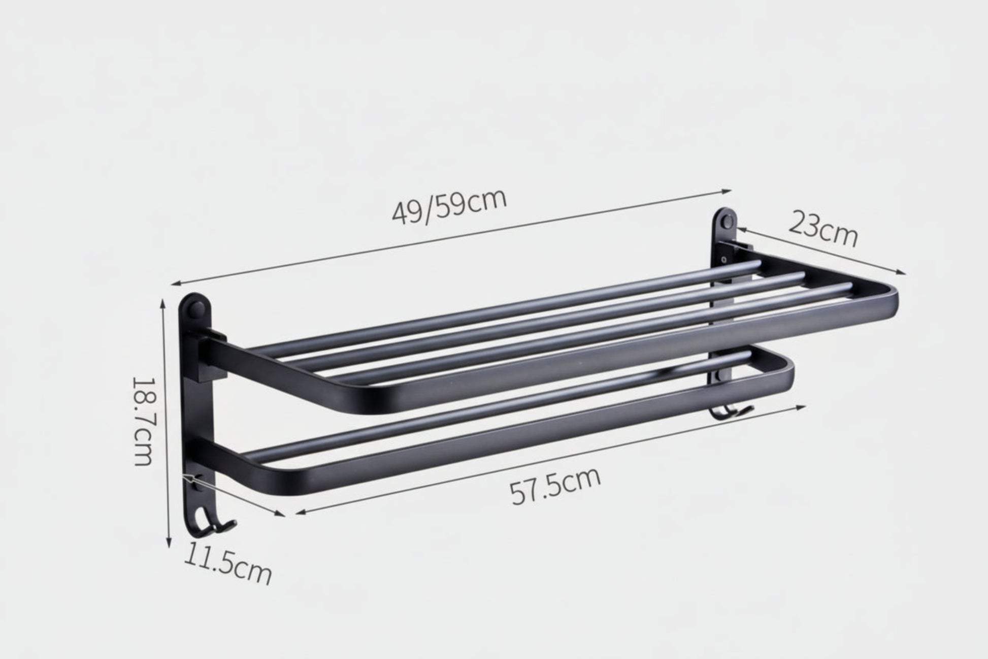 Black towel rack with dimensions on a white background. Modern black accessories, minimalist designs and timeless pieces for every bathroom. 