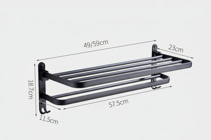 Black towel rack with dimensions on a white background. Modern black accessories, minimalist designs and timeless pieces for every bathroom. 