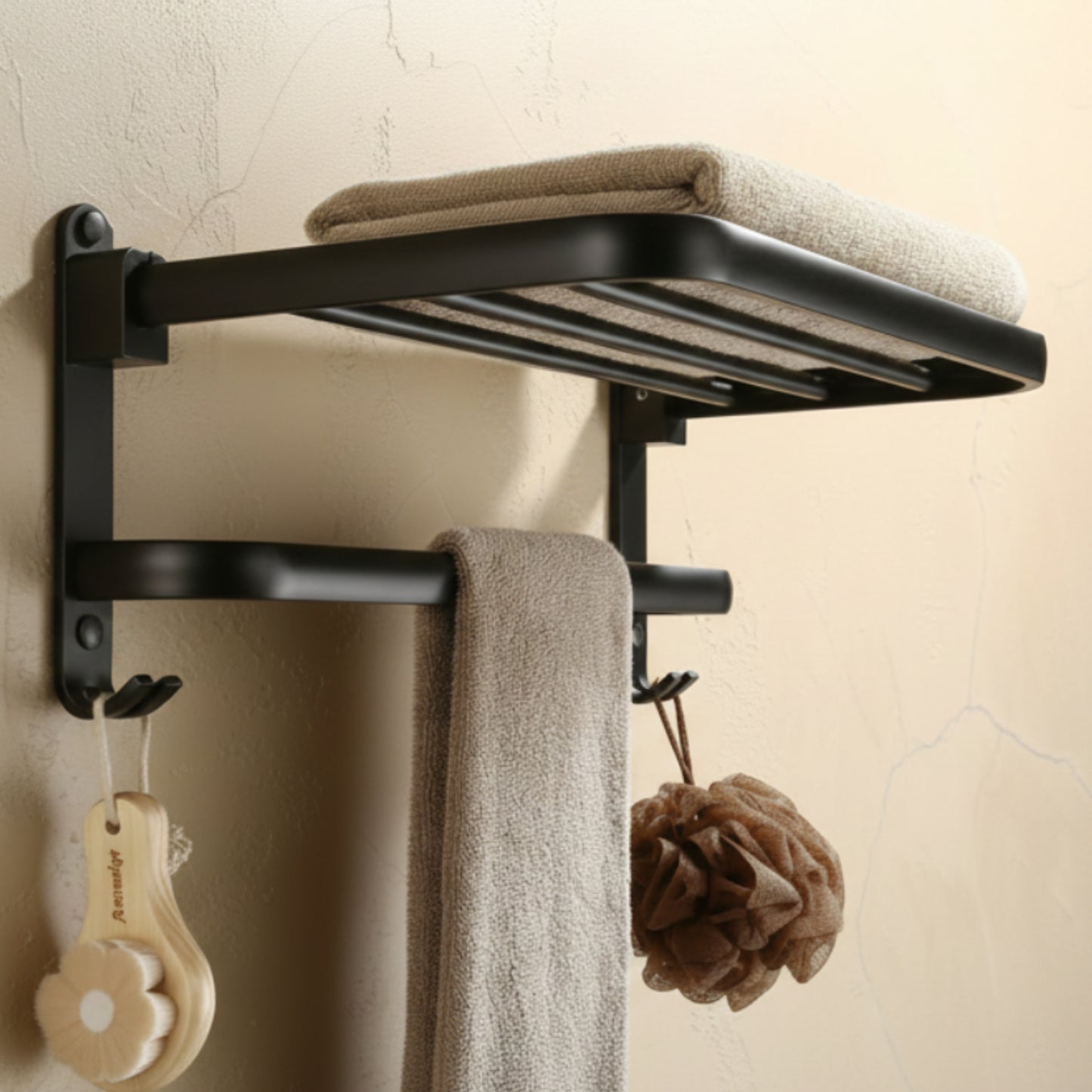 Black towel rack with folded towels and a sponge on a beige wall. Modern black accessories, minimalist designs and timeless pieces for every bathroom. 