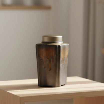 Antique and handcrafted tea caddy on a wooden table and a beige living room background. Stylish kitchen decor. Modern accessories, natural materials, and timeless pieces. 