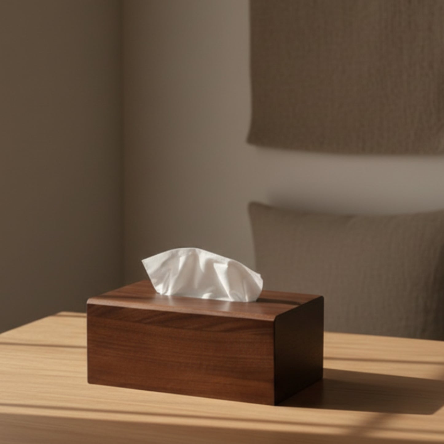 Bamboo wood tissue box on a light wooden surface against a beige background. Natural, useful and warm home decor. 