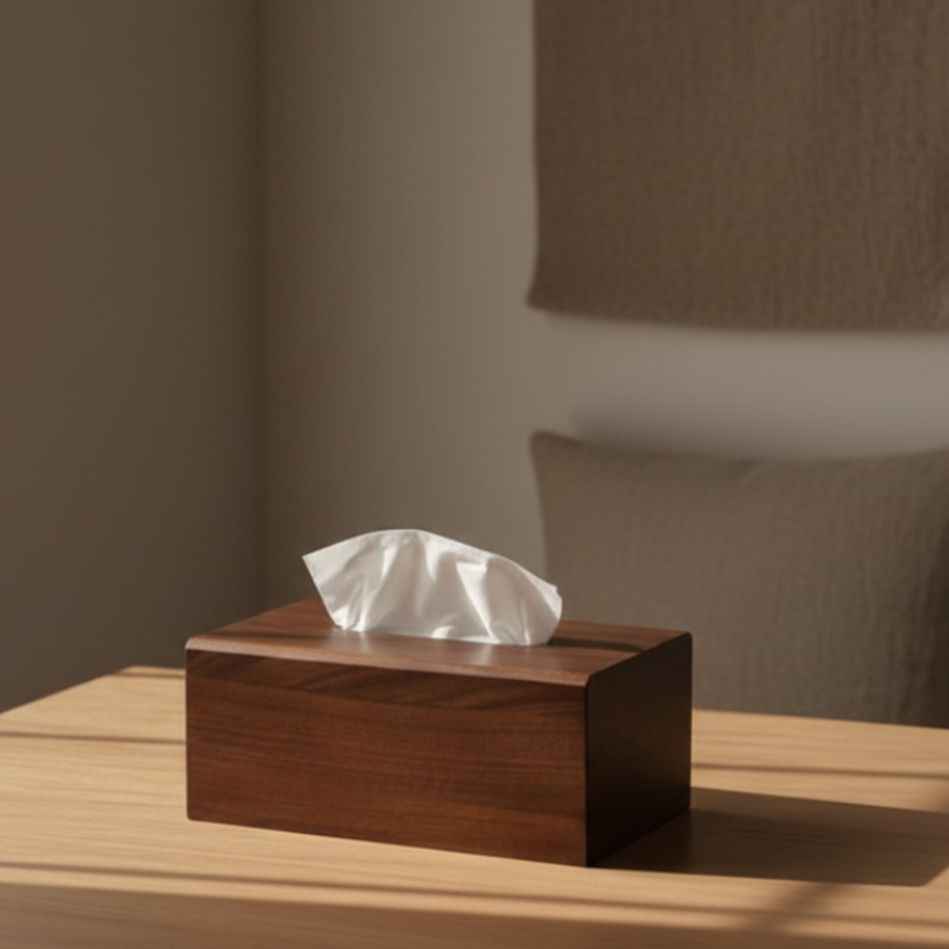 Bamboo wood tissue box on a light wooden surface against a beige background. Natural, useful and warm home decor. 
