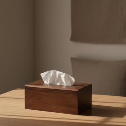 Bamboo wood tissue box on a light wooden surface against a beige background. Natural, useful and warm home decor. 