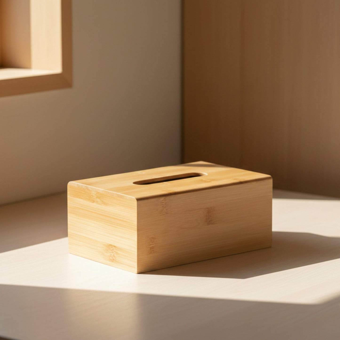 Bamboo and wood tissue box on a light beige surface and a wooden beige background. Natural, useful and warm home decor. 
