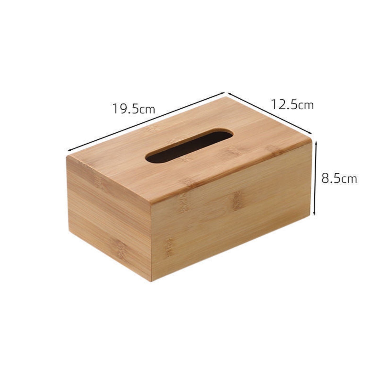 Bamboo wood tissue box with measurements on a white background. Natural, useful and scandinavian home decor. 