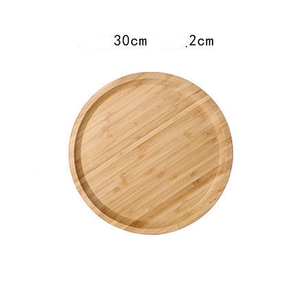 A brown bamboo round wooden tray with a painted finish, displayed in one sizes on a white background and measurements. 